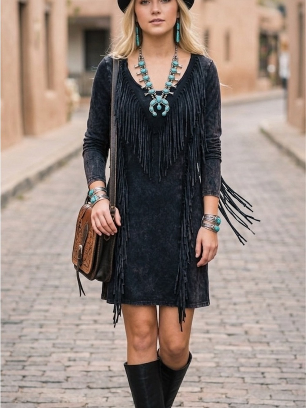 T party Charcoal black mineral  Wash Fringe Long Sleeve Dress Boho Western Rock